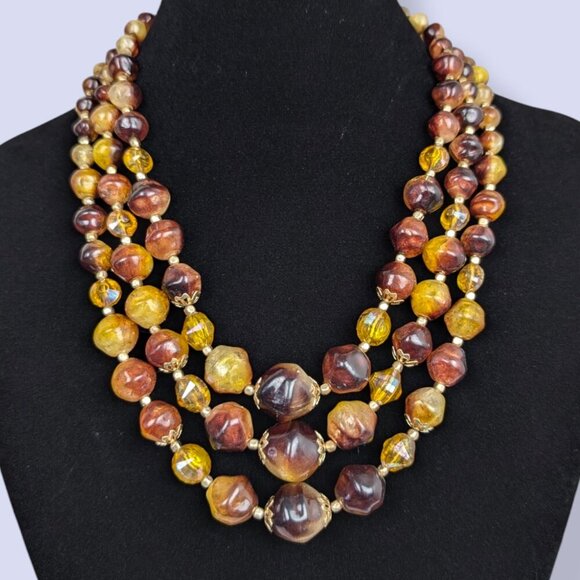V. 3-Strand Brown & Yellow Beaded Statement Necklace - Picture 1 of 4